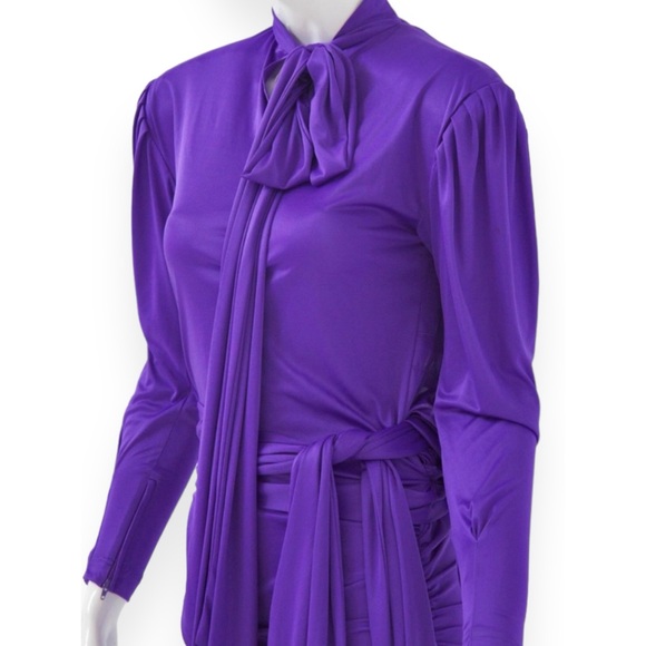 Balenciaga SS17 Purple Tie Neck Padded Shoulder Lightweight Mini Dress sz 42 - Picture 11 of 16